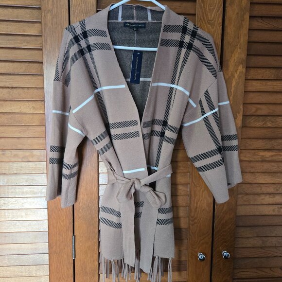 NWT Women's Adrienne Vittadini Beige Striped Fringed Open Cardigan 3/4 Sleeves M - Picture 1 of 7